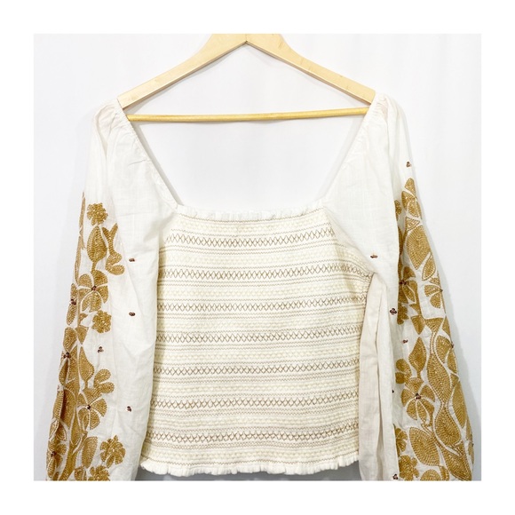 Anthropologie Neutral Smocked Embroidered Ballon Sleeve Blouse Top - Picture 8 of 12
